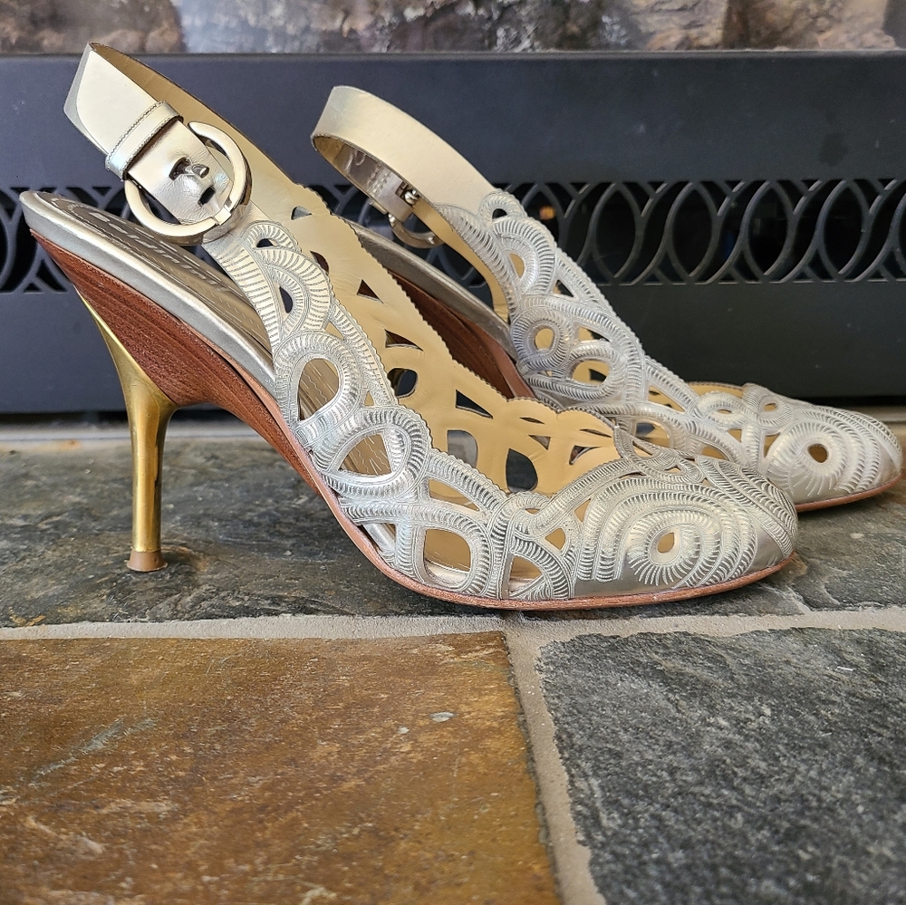 Baldinini Laser Cut Metallic Champagne Colored Strappy Sling Back pump heels 39